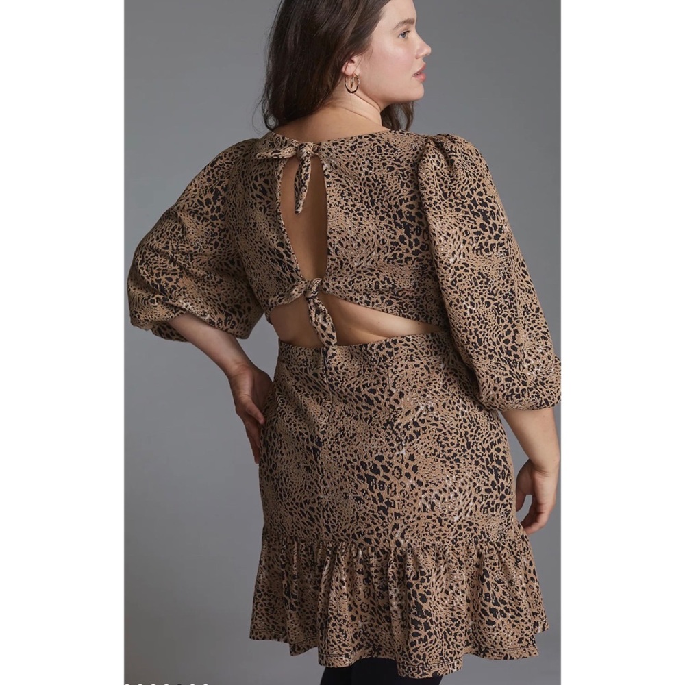 ANTHROPOLOGIE Maeve Leopard Print Cutout Back With Ties Mini Ruffle Dress